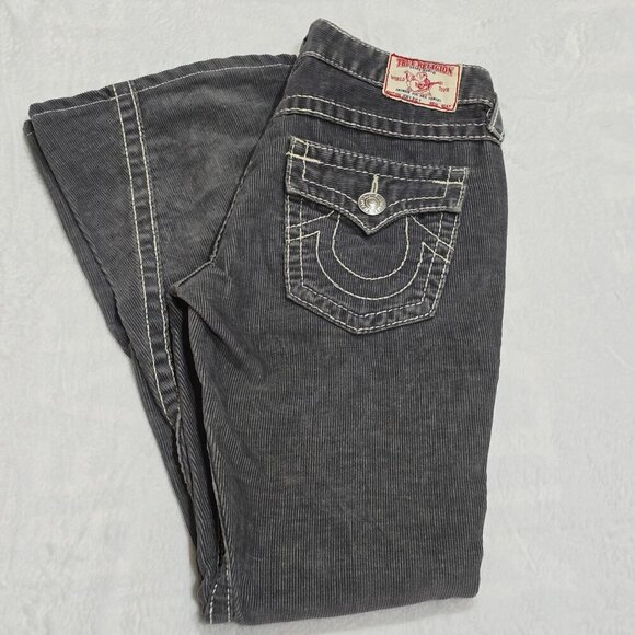 True Religion ✦ Gray Corduroy Flare Jeans ✦ Joey Big T Flare w/ Signature Stitch - Picture 8 of 13